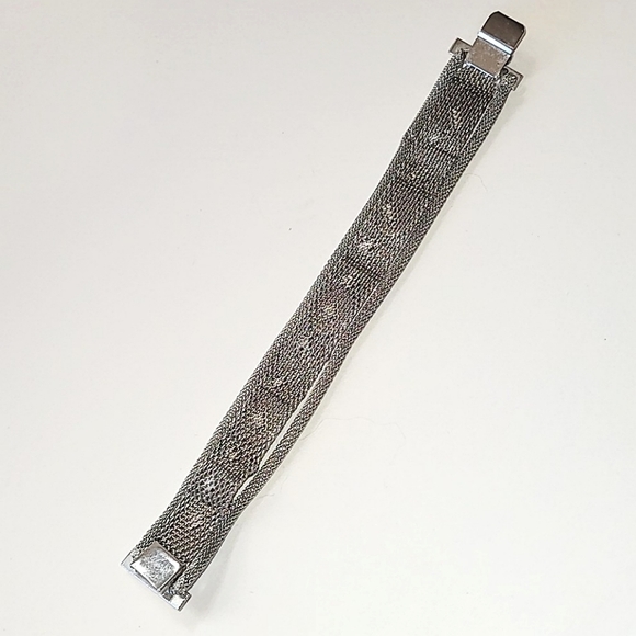 VINTAGE SILVER MESH BRACELET - FAUX TIGER'S EYE SLAG GLASS STONES - Picture 5 of 11